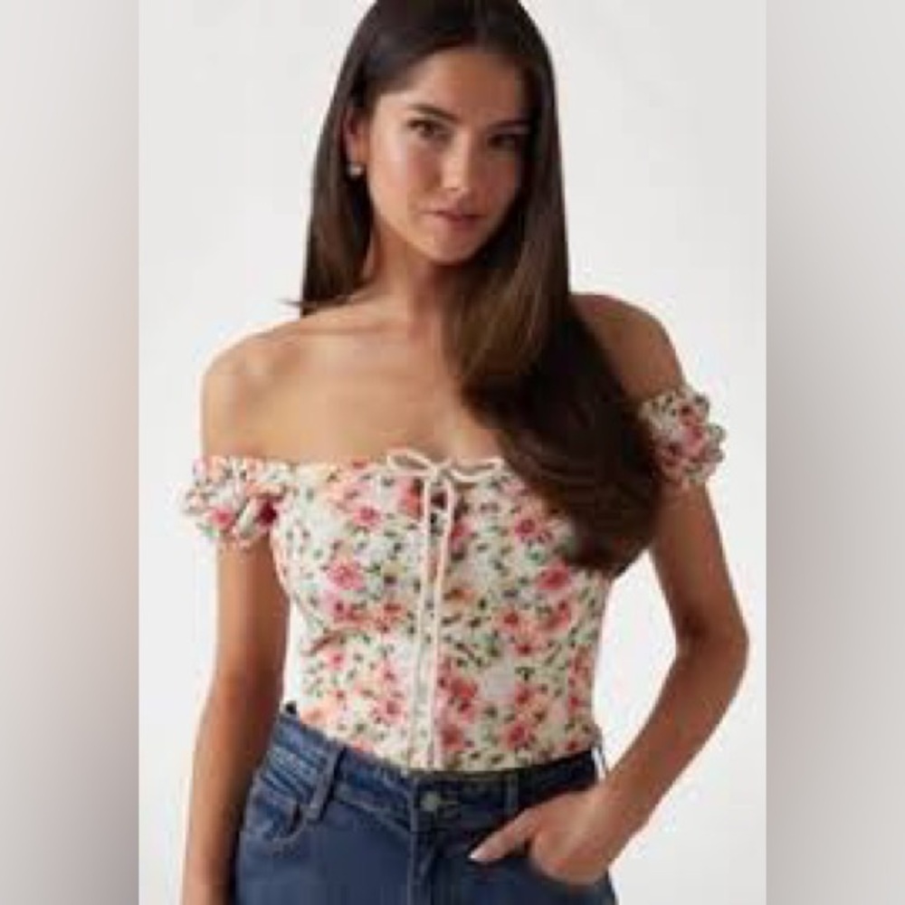 Guess Floral Puff Sleeve Blouse - Cream and Pink
